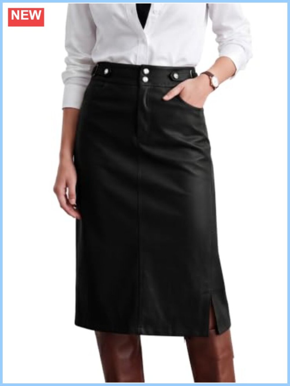 Faux Leather Midi Pencil Skirt High Waist Side Slit Office